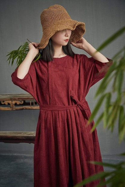 Chinese Style Cotton &amp; Linen Pleated Dress
