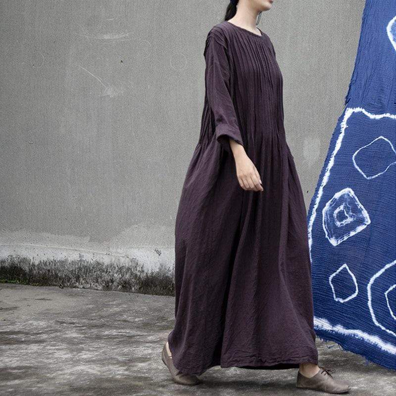 Buddha Trends Dress Cotton Linen Pleated Maxi Dress | Lotus