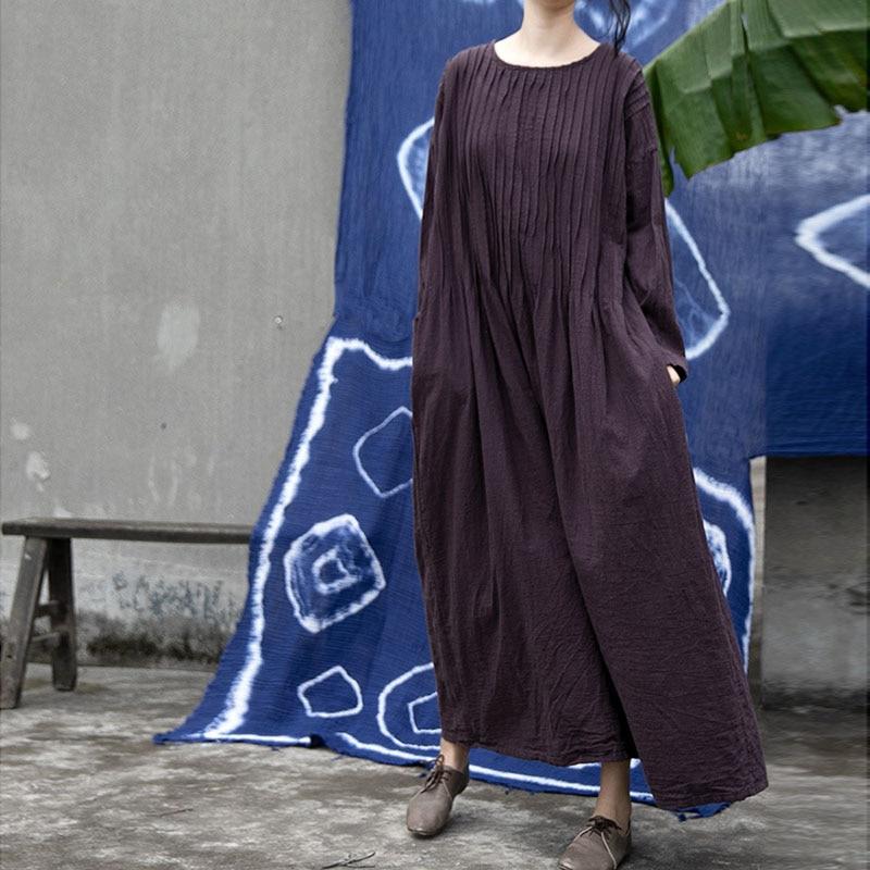 Buddha Trends Dress Cotton Linen Pleated Maxi Dress | Lotus