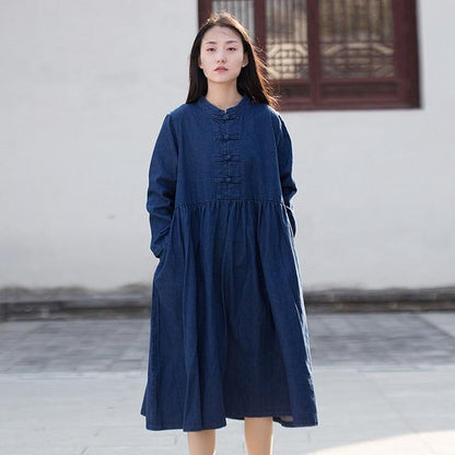 Buddha Trends Dress Dark blue / One Size Long Sleeve Mandarin Denim Midi Dress  | Zen