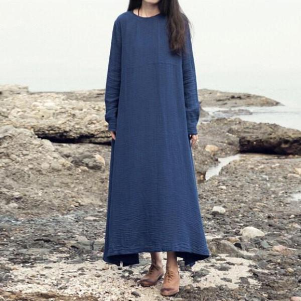Buddha Trends Dress Dark Blue / S Zen Casual Plus Size Linen Dress | Zen
