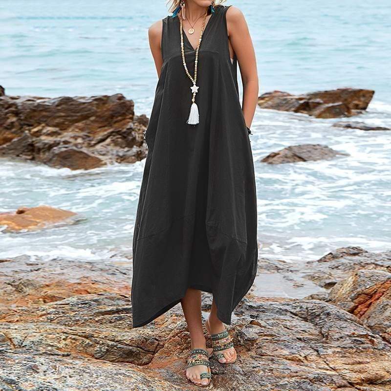 Buddha Trends Dress Dark Grey / L Casual V-neck Sleeveless Midi Dress