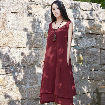 Buddha Trends Dress dark red / S Casual Sleeveless Linen Dress  | Zen