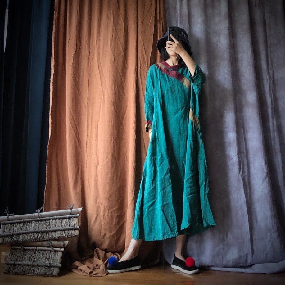 Buddha Trends Dress Fall Vibes Patchwork Linen Dress | Hippie