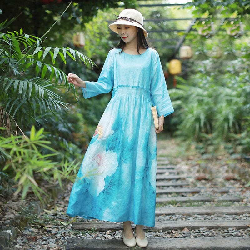 Buddha Trends Dress Floral Boho Ramie Maxi Dress  | Zen