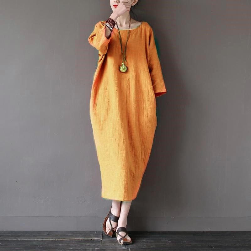 Buddha Trends Dress Gold / XL O-Neck Midi Cotton Linen Dress | Lotus