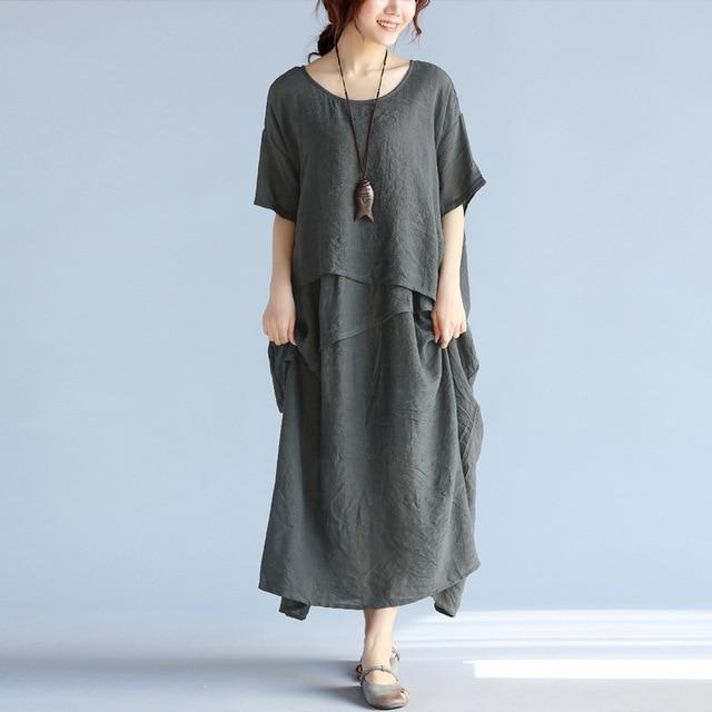 Buddha Trends Dress Gray / One Size Layered Asymmetrical Hippie Dress  | Zen