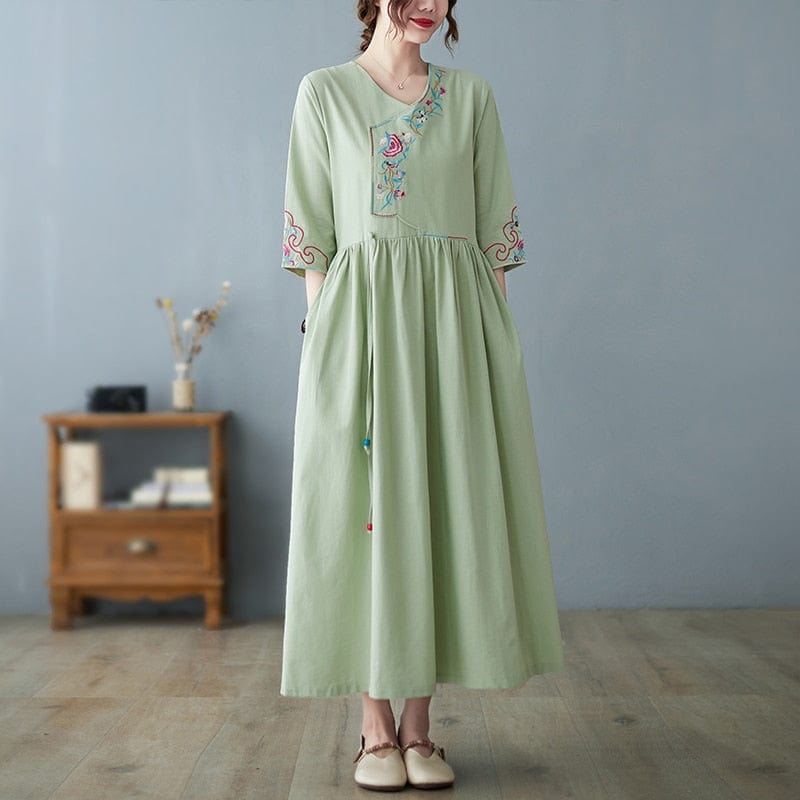 Buddha Trends Dress green / M Floral Embroidered Loose Midi Dress