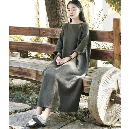 Buddha Trends Dress Green / One Size Casual Cotton Maxi Dress  | Zen