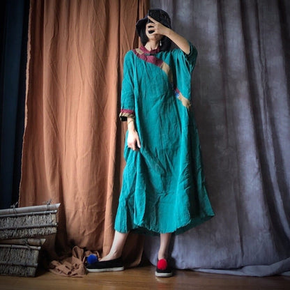 Buddha Trends Dress Green / One Size Fall Vibes Patchwork Linen Dress | Hippie
