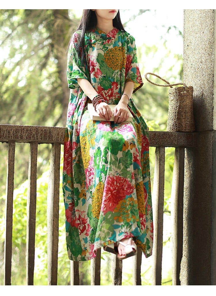 Buddha Trends Dress Green / One Size Floral Pleated Chinese Dress