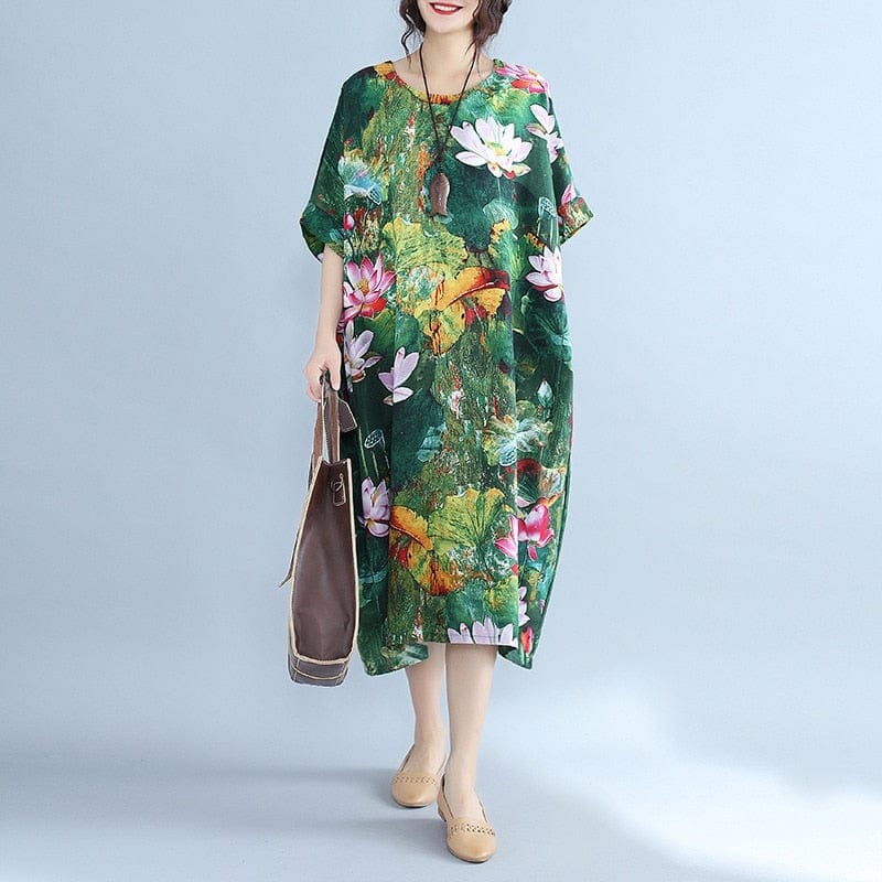 Buddha Trends Dress Green / One Size Sweet Emotion Loose Floral Midi Dress