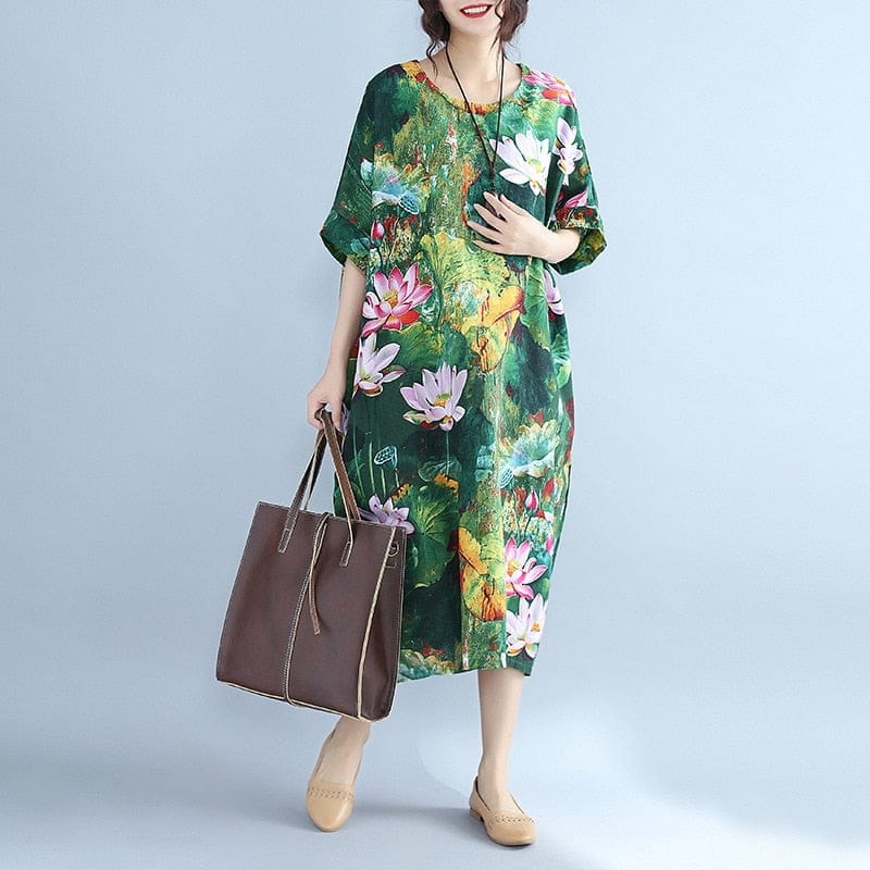 Buddha Trends Dress Green / One Size Sweet Emotion Loose Floral Midi Dress