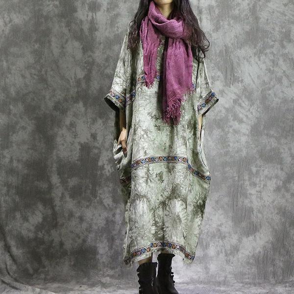 Buddha Trends Dress Green / One Size Tie Dye Linen Embroidered Maxi Dress | Nirvana