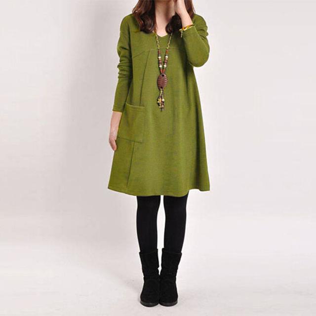 Buddha Trends Dress Green / S Long Sleeve V Neck Dress