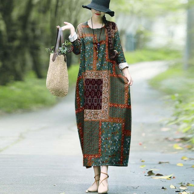 Buddha Trends Dress Green / XXL Countryside Patchwork Print Midi Dress