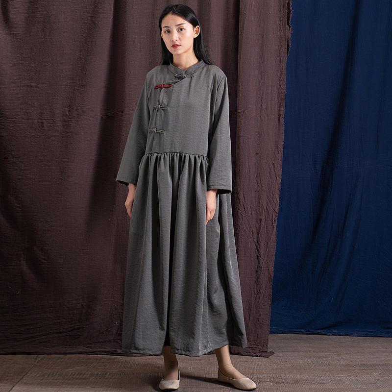 Buddha Trends Dress Grey / One Size Cheongsam Long Sleeve Button Dress  | Zen