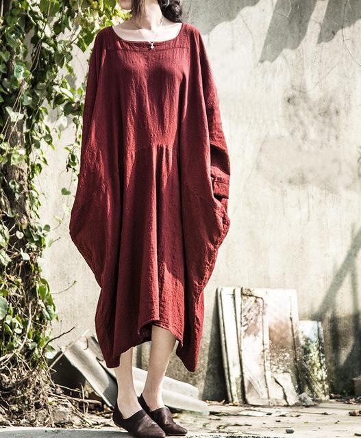 Buddha Trends Dress Jujube red / One Size Batwing Sleeves Asymetrical Linen Dress | Lotus