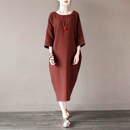 Buddha Trends Dress jujube red / XL O-Neck Midi Cotton Linen Dress | Lotus