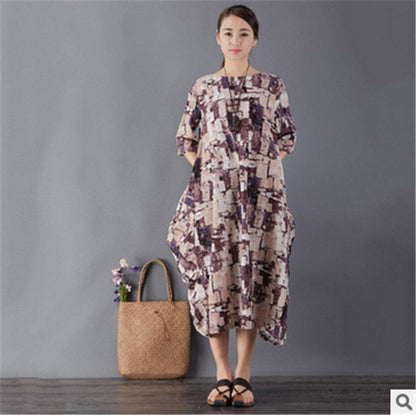 Buddha Trends Dress Khaki Art Inspired Cotton and Linen Maxi Dress
