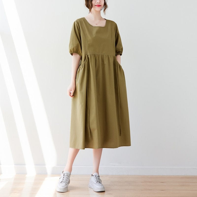 Buddha Trends Dress khaki green / M Vintage Japanese Inspired A-Line Dress