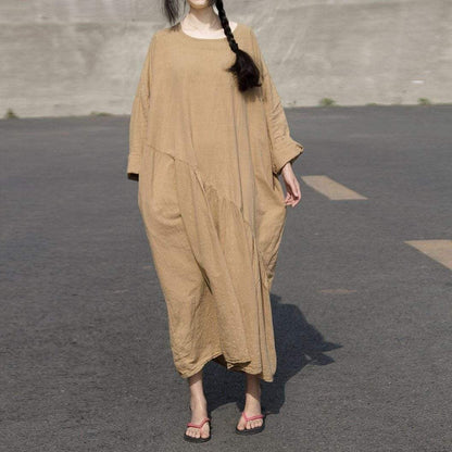 Buddha Trends Dress Khaki / One Size Long Sleeve Oversized Linen Maxi Dress | Lotus