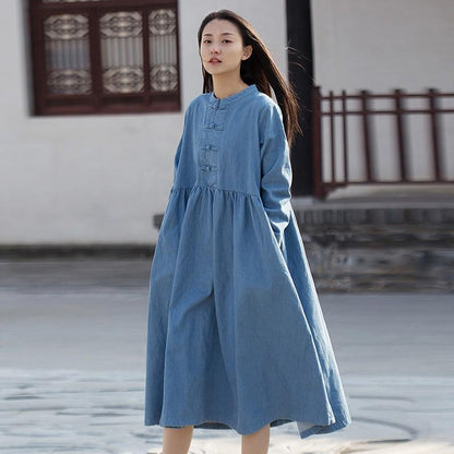 Buddha Trends Dress Light blue / One Size Long Sleeve Mandarin Denim Midi Dress  | Zen