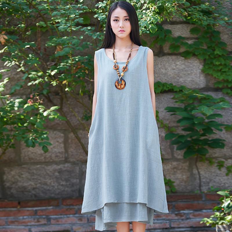 Buddha Trends Dress light blue / S Casual Sleeveless Linen Dress  | Zen