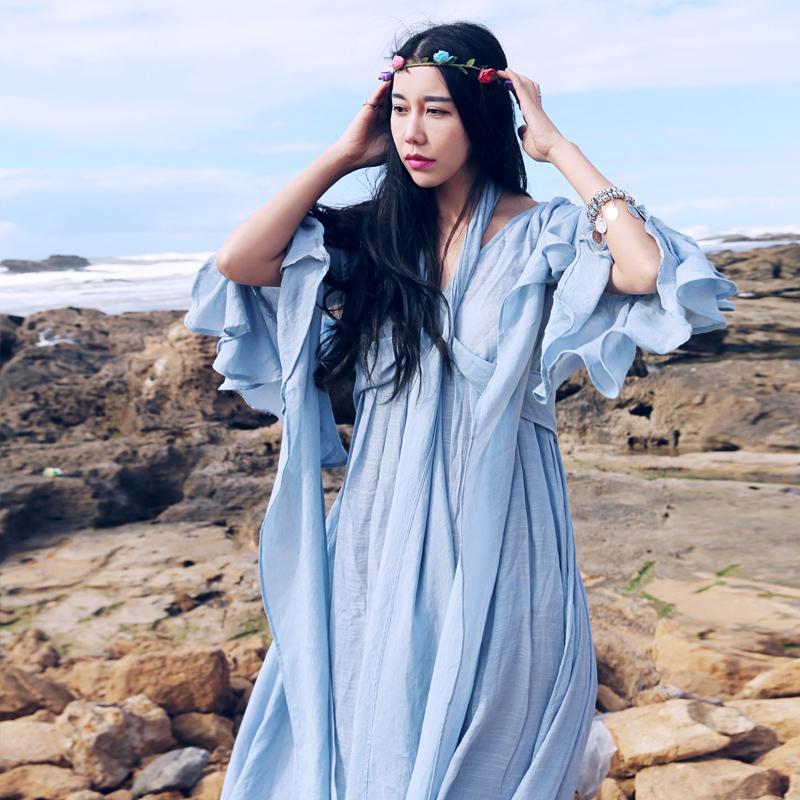 Buddha Trends Dress Long Baby Blue Cotton Linen Bandage Maxi Dress | Mandala