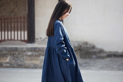 Buddha Trends Dress Long Sleeve Mandarin Denim Midi Dress  | Zen