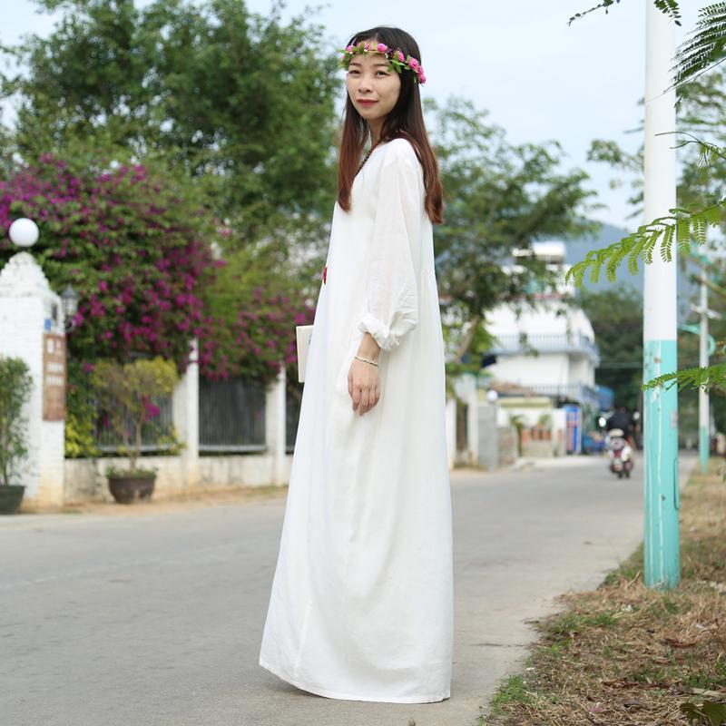 Buddha Trends Dress M / White Hippie at Heart Cotton Linen White Maxi Dress  | Zen