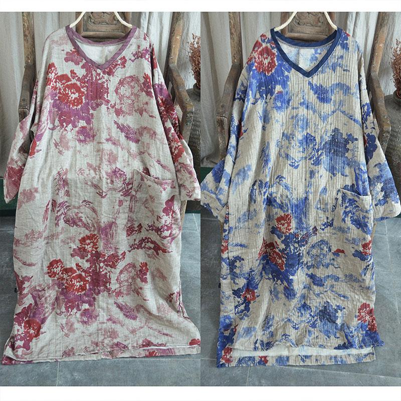Buddha Trends Dress National Chinese V-neck Cotton Linen Dress