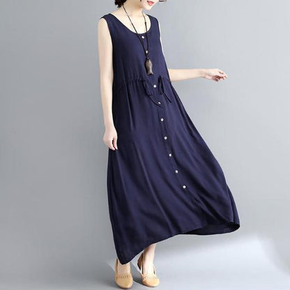 Buddha Trends Dress Navy Blue / M Plus Size Cotton Linen Sundress