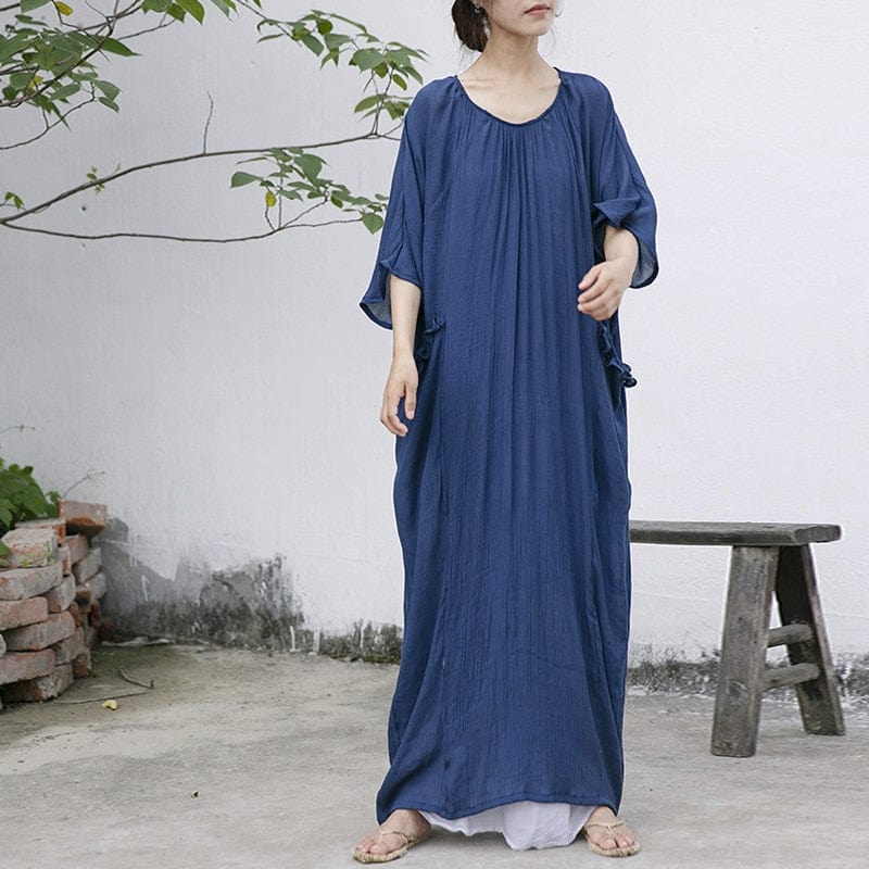 Buddha Trends Dress Navy blue / One Size Cotton and Linen Loose T-Shirt Dress | Lotus