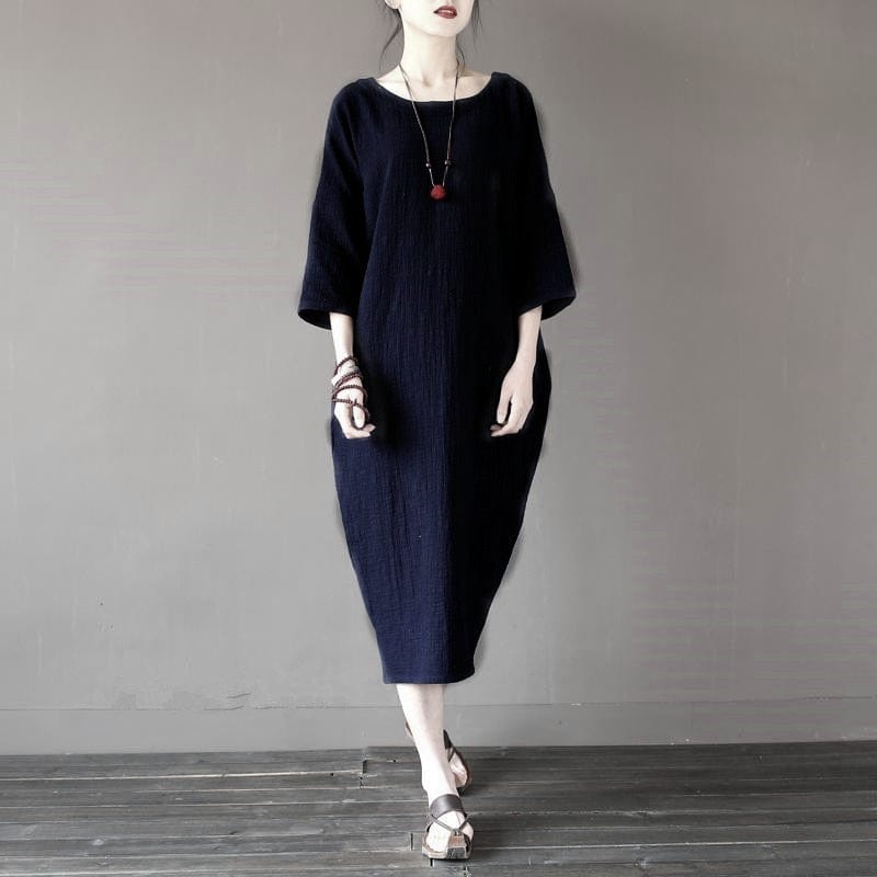 Buddha Trends Dress navy blue / XL O-Neck Midi Cotton Linen Dress | Lotus