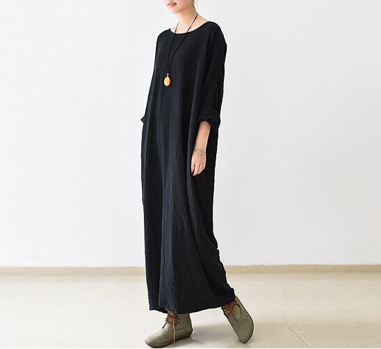 Buddha Trends Dress One Size / Black Black Linen Dress with Pockets  | Zen