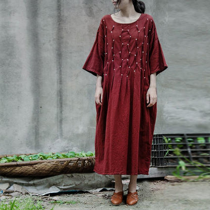 Buddha Trends Dress One Size / Dark Red Embroidered Short Sleeve Linen Dress | Lotus