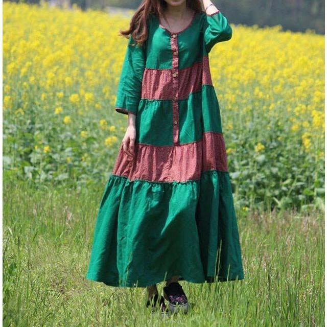 Buddha Trends Dress One Size / Green Franfreluche Bohemian Hippie Dress