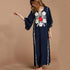 Buddha Trends Dress One Size / Navy Blue Boho Chic Floral Embroidered Kaftan Dress