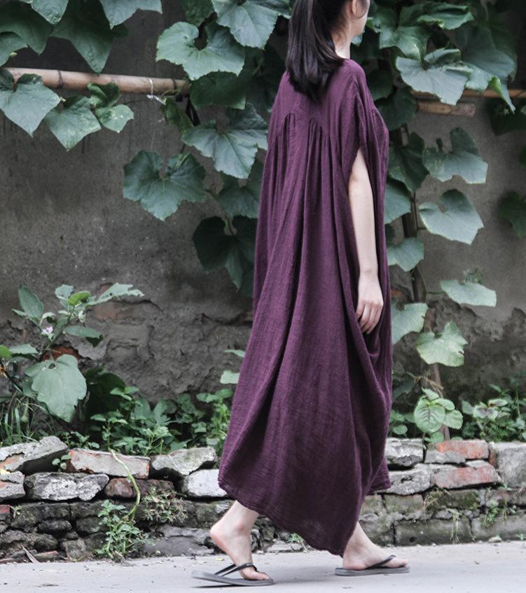 Buddha Trends Dress One Size / Purple Short Sleeve Purple Linen Maxi Dress | Lotus