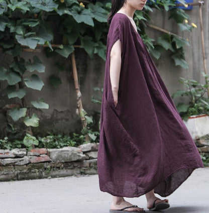 Buddha Trends Dress One Size / Purple Short Sleeve Purple Linen Maxi Dress | Lotus