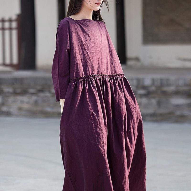 Square Collar Purple Cotton Linen Dress  | Zen