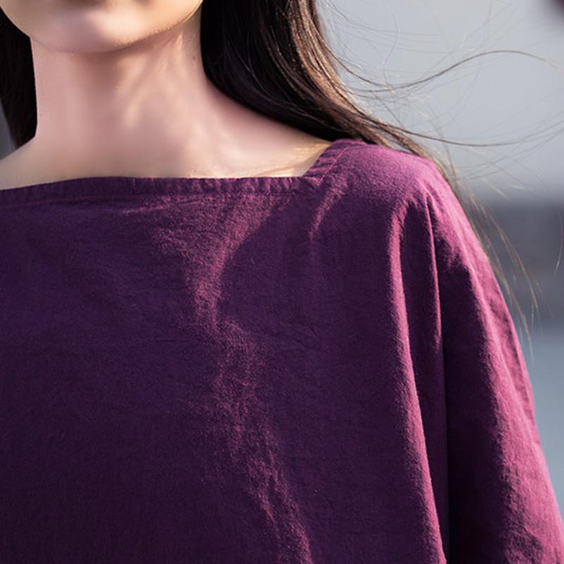 Square Collar Purple Cotton Linen Dress  | Zen