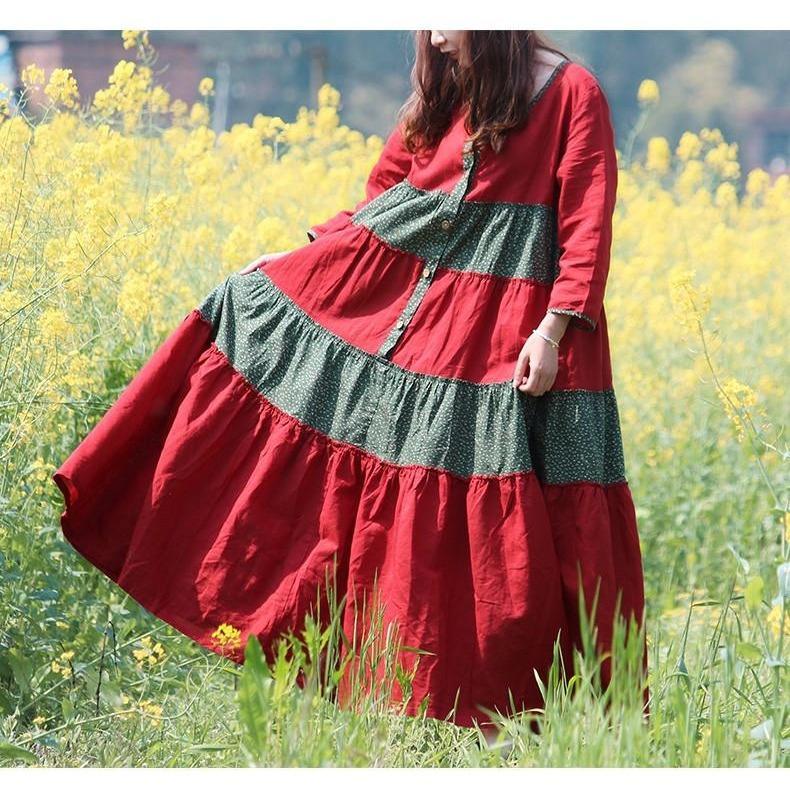 Buddha Trends Dress One Size / Red Red and Green Franfreluche Bohemian Hippie Dress