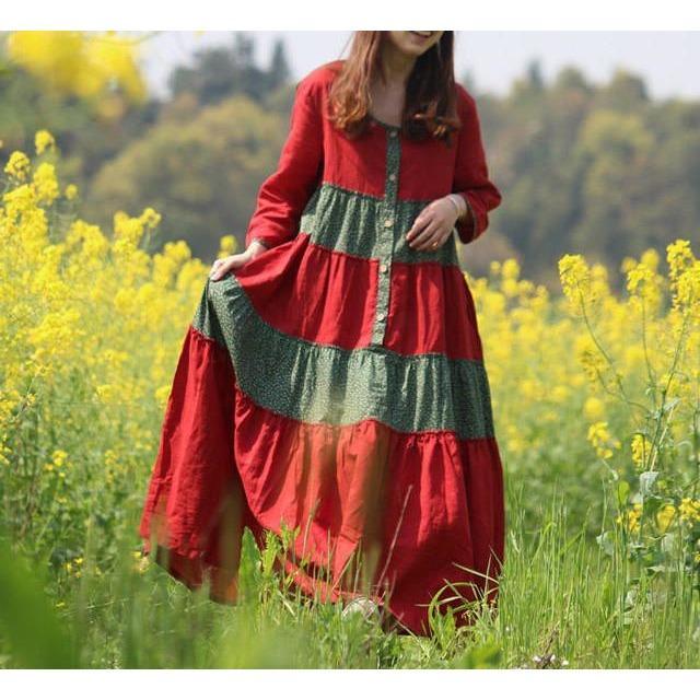 Buddha Trends Dress One Size / Red Red and Green Franfreluche Bohemian Hippie Dress