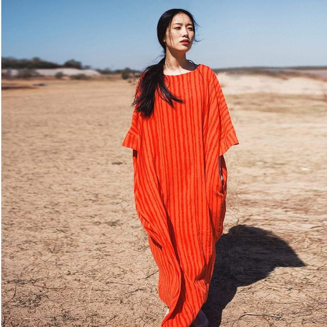 Vibrant Orange Cotton and Linen Maxi Dress