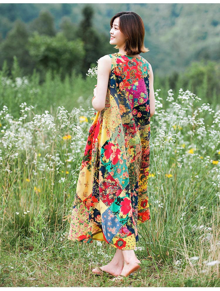 Patchwork Colourful Cotton & Linen Hippie Dress | Buddhatrends Patchwork Colourful Cotton & Linen Hippie Dress | Buddhatrends