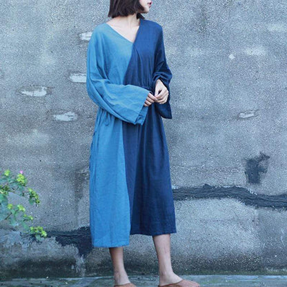 Buddha Trends Dress Peace Blue Patchwork Ramie Dress | Zen