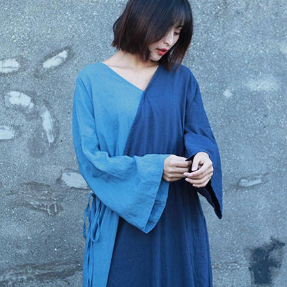 Buddha Trends Dress Peace Blue Patchwork Ramie Dress | Zen