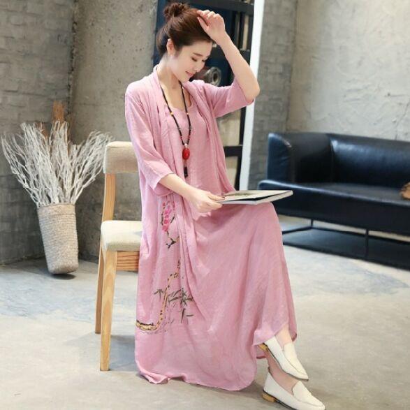 Buddha Trends Dress Pink / M Silk and Linen Floral Dress